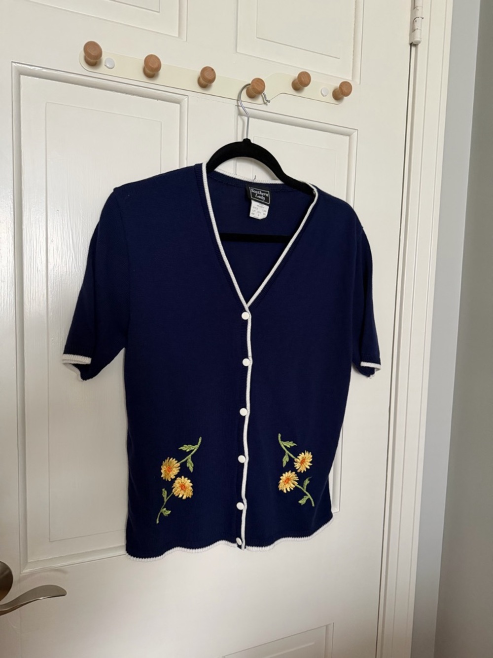 Southern Lady Navy Blue Cardigan with Yellow Floral Embroidery USA S/M